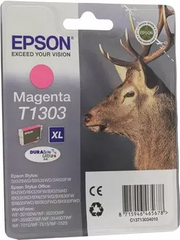 Картридж струйный Epson T1303 (C13T13034010/C13T13034012), пурпурный, оригинальный, ресурс 600 страниц для Epson Stylus SX525WD / SX535WD, Office B42WD / BX625FWD / BX635FWD, WorkForce WF-3520DWF / WF-7015 / WF-7515 / WF-7525