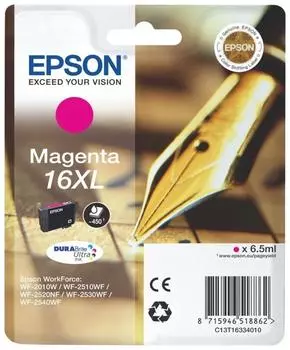 Картридж струйный Epson T1633 ( C13T16334012), пурпурный, оригинальный, объем 6.5мл, ресурс 450 страниц для WF-2010W WF-2010, WF-2520, WF-2530, WF-2540