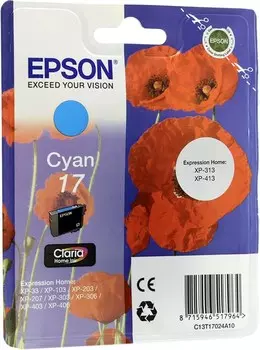 Картридж струйный Epson T1702 (C13T17024A10), голубой, оригинальный, ресурс 150 страниц, для Epson Expression Home XP-103 / XP-203 / XP-207 / XP-303 / XP-306 / XP-313 / XP-323 / XP-33 / XP-406 / XP-413 / XP-423