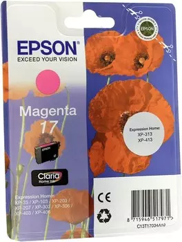 Картридж струйный Epson T1703 (C13T17034A10), пурпурный, оригинальный, ресурс 150 страниц, для Epson Expression Home XP-103 / XP-203 / XP-207 / XP-303 / XP-306 / XP-313 / XP-323 / XP-33 / XP-406 / XP-413 / XP-423