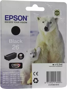 Картридж струйный Epson T2601 (C13T26014010/C13T26014012), черный, оригинальный, ресурс 220 страниц, для Epson Expression Premium XP-600 / XP-605 / XP-700 / XP-710 / XP-800 / XP-820