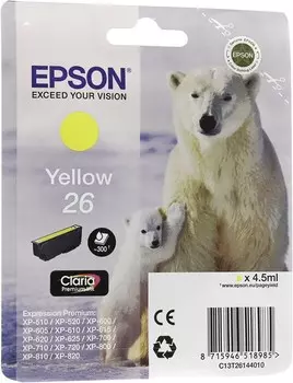 Картридж струйный Epson T2614 (C13T26144010), желтый, оригинальный, ресурс 300 страниц, для Epson Expression Premium XP-600 / XP-605 / XP-700 / XP-710 / XP-800 / XP-820