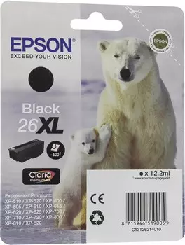 Картридж струйный Epson T2621 (C13T26214010/C13T26214012), черный, оригинальный, ресурс 500 страниц для Epson Epson Expression Premium XP-600 / XP-605 / XP-700 / XP-710 / XP-800 / XP-820