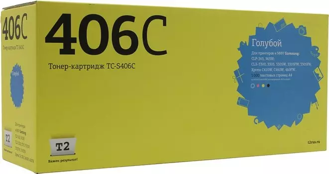 Картридж лазерный T2 TC-S406C (CLT-C406S/CLT-C406S), голубой, 1000 страниц, совместимый для Samsung CLP-365/CLX-3300/3305/Xpress C410