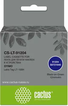 Кассета с лентой Cactus, 1.2 см x 4 м, черный на зеленом, совместимая (CS-LT-91204)