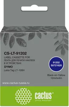 Кассета с лентой Cactus, 1.2 см x 4 м, черный на желтом, совместимая (CS-LT-91202)
