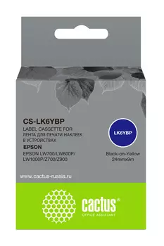 Кассета с лентой Cactus, 2.4 см x 9 м, черный на желтом, совместимая (CS-LK6YBP)