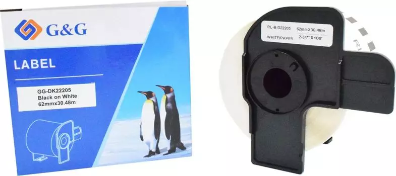 Кассета с лентой G&G DK22205, 6.2 см x 30.48м, черный на белом, совместимая (GG-DK22205)