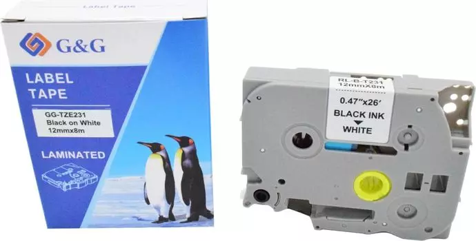 Кассета с лентой G&G TZE231, 1.2 см x 8 м, черный на белом, совместимая (GG-TZE231)