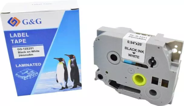 Кассета с лентой G&G TZE251, 2.4 см x 8 м, черный на белом, совместимая (GG-TZE251)