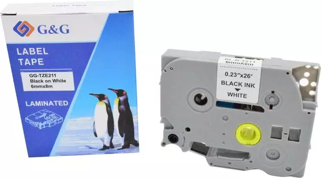 Кассета с лентой G&G TZE261, 6 мм x 8 м, черный на белом, совместимая (GG-TZE211)