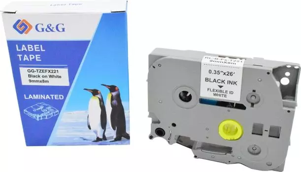 Кассета с лентой G&G TZEFX221, 9 мм x 8 м, черный на белом, совместимая (GG-TZEFX221)