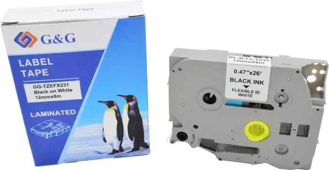 Кассета с лентой G&G TZEFX231, 1.2 см x 8 м, черный на белом, совместимая (GG-TZEFX231)