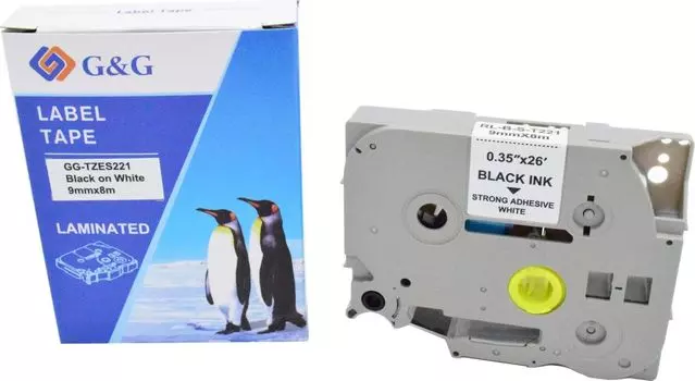 Кассета с лентой G&G TZES211, 9 мм x 8 м, черный на белом, совместимая (GG-TZES221)