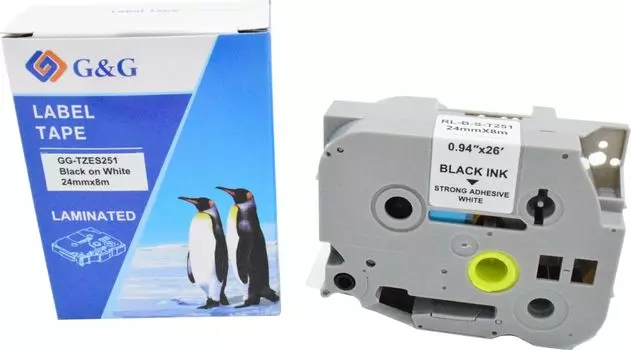 Кассета с лентой G&G TZES251, 2.4 см x 8 м, черный на белом, совместимая (GG-TZES251)