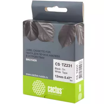 Кассета с наклейками Cactus, 1.2 см x 8 м, черный на белом, совместимая (CS-TZ231)
