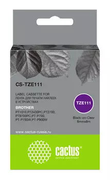 Кассета с наклейками Cactus CS-TZE111, 6 мм x 8 м, черный на прозрачном, совместимая