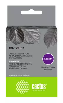 Кассета с наклейками Cactus CS-TZE611, 6 мм x 8 м, черный на белом, совместимая