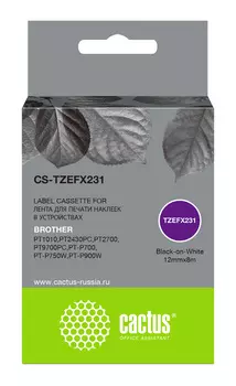 Кассета с наклейками Cactus CS-TZEFX231, 1.2 см x 8 м, черный на белом, совместимая