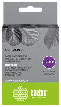 Кассета с наклейками Cactus TZe-232, 1.2 см x 8 м, красный на белом, совместимая (CS-TZE232)