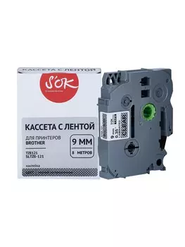 Кассета с наклейками SAKURA SLTZE121, 9 мм x 8 м, черный на прозрачном, совместимая (SLTZE121)