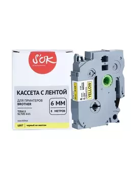 Кассета с наклейками SAKURA SLTZE611, 6 мм x 8 м, черный на желтом, совместимая (SLTZE611)