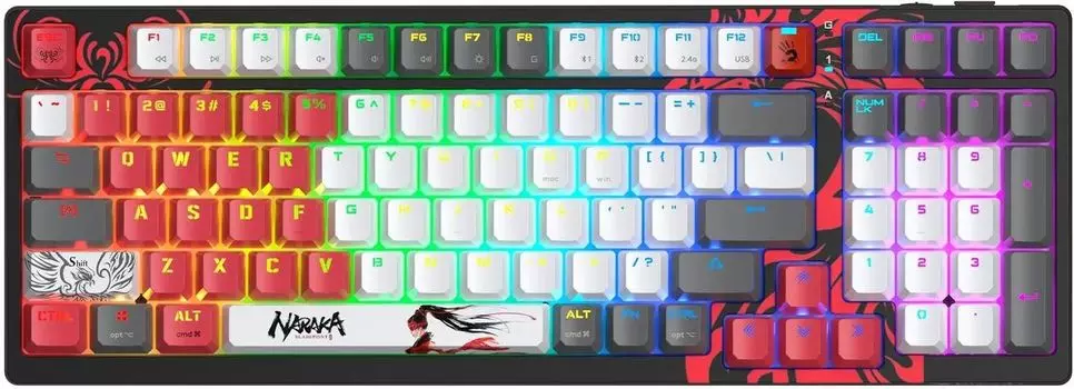 Клавиатура беспроводная A4Tech Bloody WS98 Naraka, механическая, BLMS Red Plus, подсветка, Bluetooth/Радиоканал, серый/красный (WS98) Английская раскладка!!!