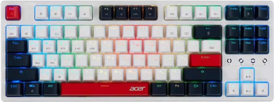 Клавиатура беспроводная Acer OKR302, механическая, Outemu Red, подсветка, Bluetooth/Радиоканал, белый/синий/красный (ZL.KBDEE.016)