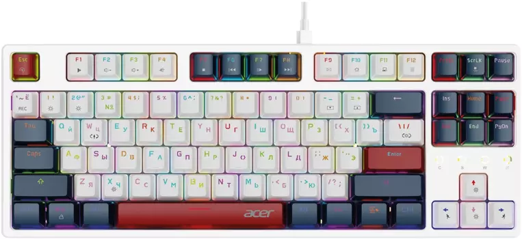 Клавиатура проводная Acer OKW305, механическая, Red, подсветка, USB, белый/синий/красный (ZL.KBDCC.01W)