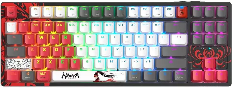 Клавиатура проводная/беспроводная A4Tech Bloody WS87 Naraka, механическая, BLMS Red Plus, подсветка, Bluetooth/Радиоканал/USB, черный/красный (WS87)