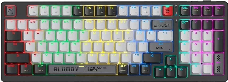 Клавиатура проводная/беспроводная A4Tech Bloody WS98, механическая, BLMS Red Plus, подсветка, Bluetooth/Радиоканал/USB, белый/черный (WS98) Английская раскладка!!!