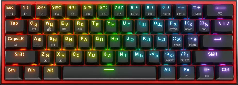 Клавиатура проводная/беспроводная Redragon Fizz Pro, механическая, Redragon Maple, подсветка, Bluetooth/Радиоканал/USB, черный/красный (70666)