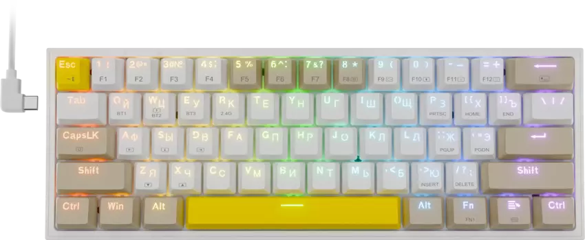 Клавиатура проводная/беспроводная Redragon Fizz Pro, механическая, Redragon Maple, подсветка, Bluetooth/Радиоканал/USB, белый/желтый/бежевый (72598)