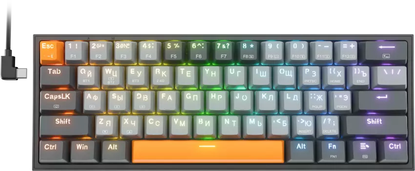 Клавиатура проводная/беспроводная Redragon Fizz Pro, механическая, Redragon Maple, подсветка, Bluetooth/Радиоканал/USB, серый/оранжевый (72601)