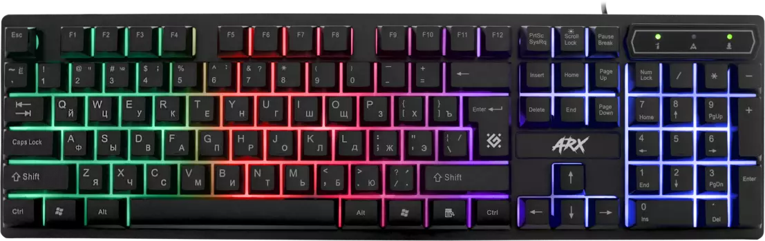 Клавиатура проводная Defender Arx GK-196L RU, мембранная, подсветка, USB, черный (45196)