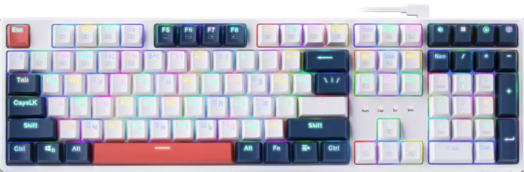 Клавиатура проводная Redragon Whisper, механическая, Redragon + white, подсветка, USB, белый/синий/оранжевый (71964)