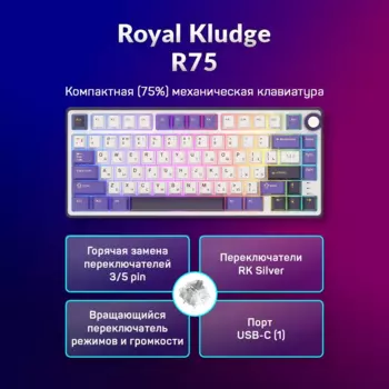 Клавиатура проводная Royal Kludge R75, механическая, RK Silver, подсветка, USB Type-C, белый/фиолетовый (6935280824722)