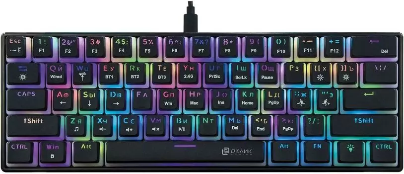 Клавиатура проводная/беспроводная Oklick K763W, механическая, подсветка, Bluetooth/Радиоканал/USB, черный (1920548)