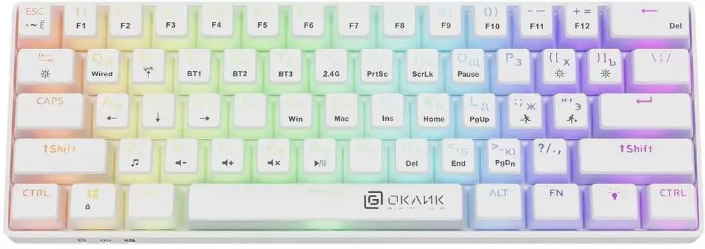 Клавиатура проводная/беспроводная Oklick K763W, механическая, подсветка, Bluetooth/Радиоканал/USB, белый (1920562)