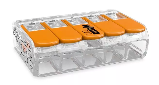 Клемма WAGO 5x4мм, с рычагами, прозрачная (221-415)