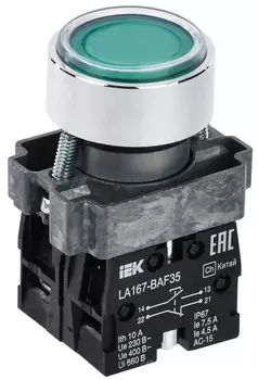 Кнопка плоская без фиксации 22 мм, 1NO 1NC, зеленый, IEK LA167-BAF31 (BBT20-BAF35-3-22-67-K06)