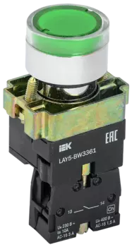 Кнопка плоская без фиксации 22 мм, 1NO, зеленый, IEK LAY5-BW3361 (BBT50-BW-K06)