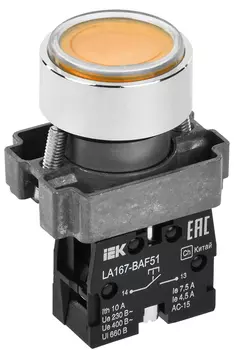 Кнопка плоская без фиксации 22 мм, 1NO, желтый, IEK LA167-BAF51 (BBT20-BAF51-1-22-67-K05)