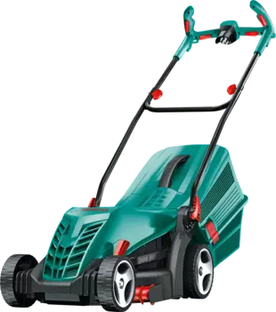 Колесная газонокосилка BOSCH ARM 34 , электрическая, 1300Вт, ширина скашивания 34см, высота скашивания 20мм-70мм, 91 дБ, объем травосборника 40 л, 11кг (06008A6101)
