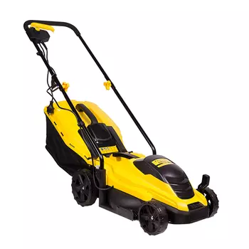 Колесная газонокосилка Champion EM3313, электрическая, ширина скашивания 33см, высота скашивания 25мм-65мм, 76.8 дБ, объем травосборника 35л., 8.8кг
