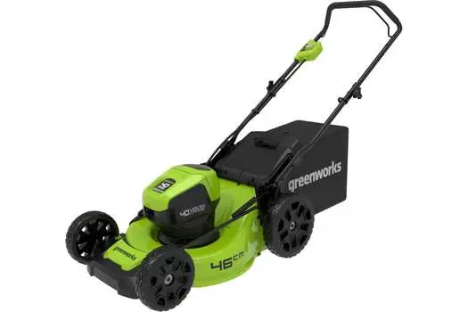 Колесная газонокосилка Greenworks GD40LM46HP, бесщеточный, аккумуляторная, Li-Ion, 40В, ширина скашивания 46см, высота скашивания 25мм-80мм, объем травосборника 55л., 24.5кг, без акб и зу (2514407)