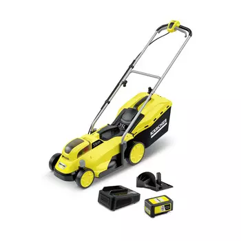 Колесная газонокосилка KARCHER Battery LMO 18-33, электрическая, аккумуляторная, Li-Ion, 5 А·ч, 18В, ширина скашивания 33см, высота скашивания 35мм-65мм, объем травосборника 35л., 11.6кг, АКБ+З/У (1.444-401.0)