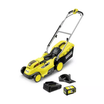 Колесная газонокосилка KARCHER Battery LMO 18-36, электрическая, аккумуляторная, Li-Ion, 5 А·ч, 18В, ширина скашивания 36см, высота скашивания 30мм-70мм, объем травосборника 45л., 13.3кг, АКБ+З/У (1.444-421.0)