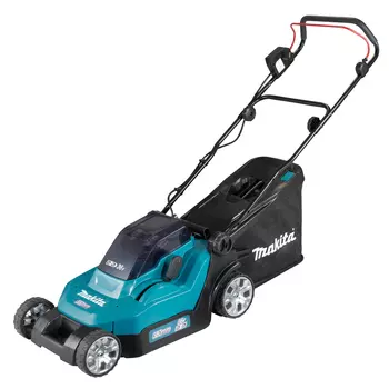 Колесная газонокосилка Makita DLM382CM2, электрическая, аккумуляторная, Li-Ion, 4 А·ч, 18В, ширина скашивания 38см, высота скашивания 20мм-75мм, 91 дБ, объем травосборника 40л., 16.9кг, 2АКБ+З/У