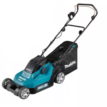 Колесная газонокосилка Makita DLM382PM2, электрическая, аккумуляторная, Li-Ion, 4 А·ч, 18В, ширина скашивания 38см, высота скашивания 25мм-75мм, объем травосборника 40л., 15кг, 2АКБ+З/У (DLM382PM2)